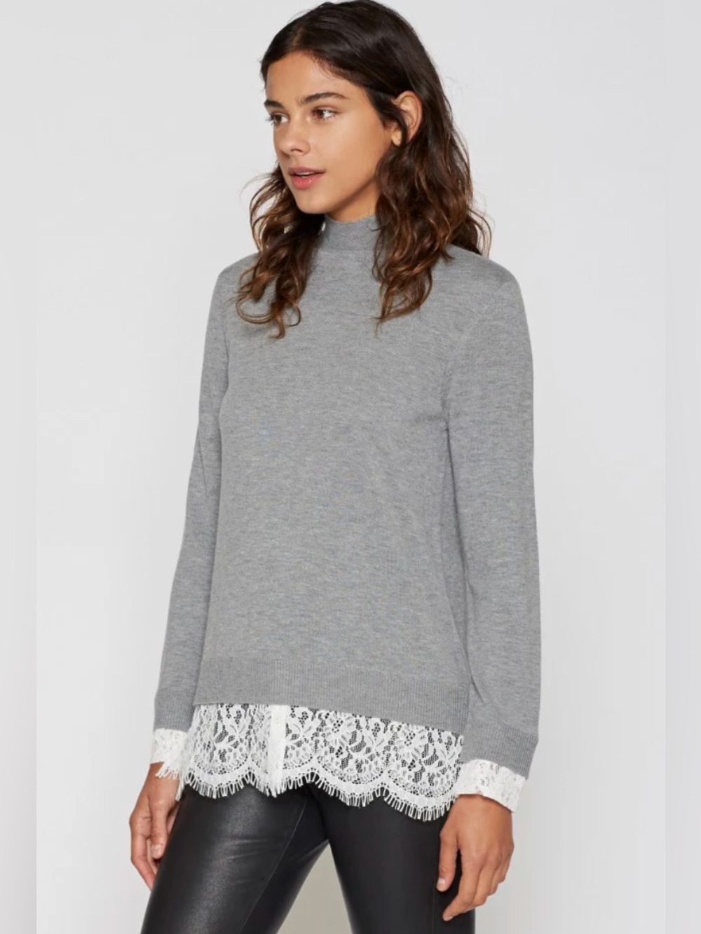 Joie Fredrika Lace-Trim Mock Neck Sweater in Heather Grey Size Large Wool-Blend
